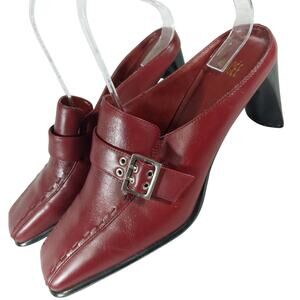 GLACEE! BURGUNDY GENUINE LEATHER BUCKLE & STRAP, RECTANGLE HEEL MULES, HEELS! 8M